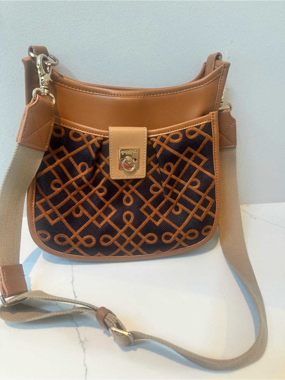 Spartina 449 Tan and navy Logo Crossbody Bag